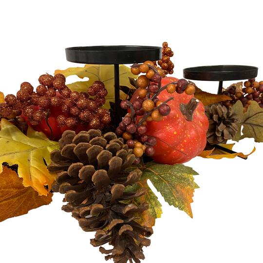 21" Orange Fall Harvest Leaves & Pumpkins Candle Holder